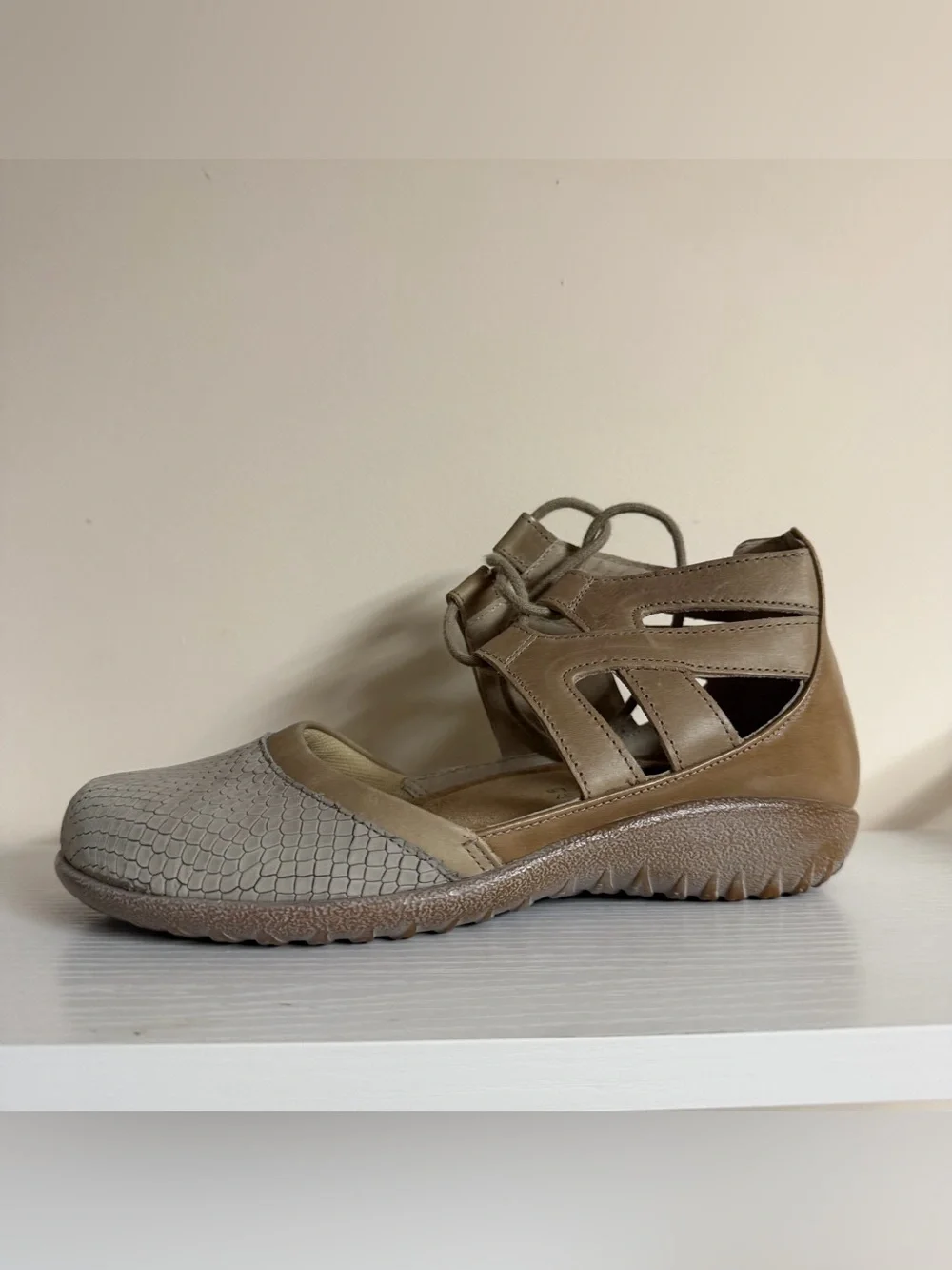 NAOT Footwear's Women's Lace-up Kata Shoe in Beige Lizard Size 6